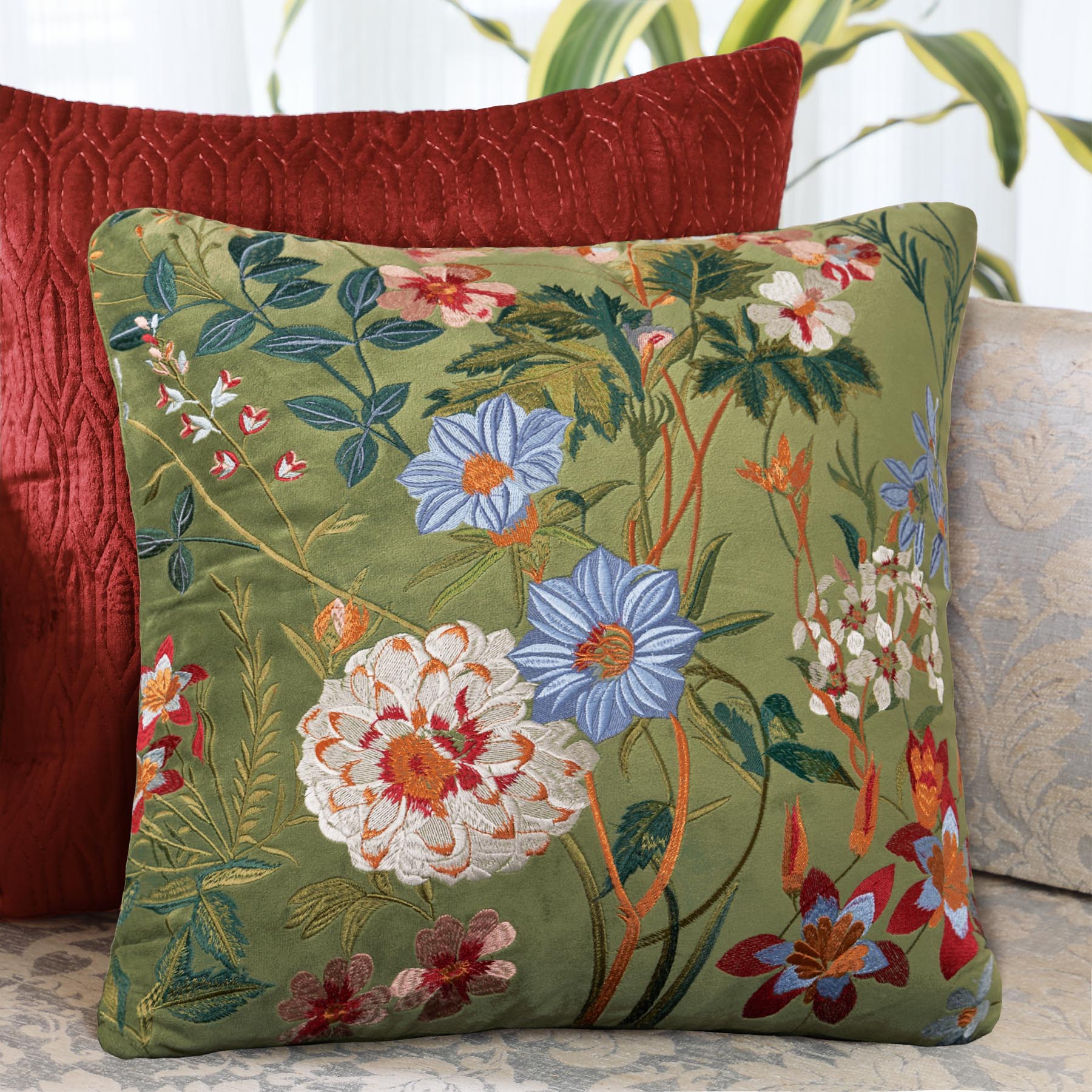 Bagh Floral Embroidered Cushion Cover Green