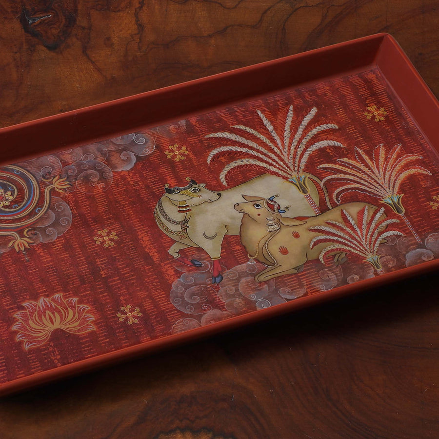 Anandi Pichwai Enamel Tray - Maroon Slim
