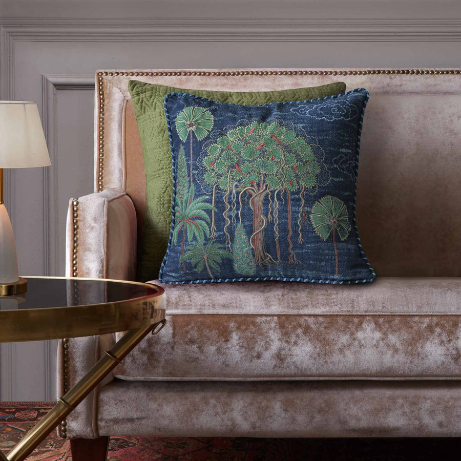 Banyan Tree Embellished Cushion Cover - Blue