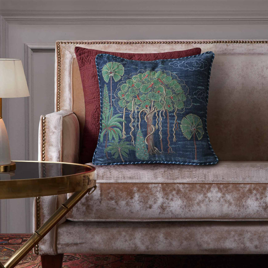 Banyan Tree Embellished Cushion Cover - Blue