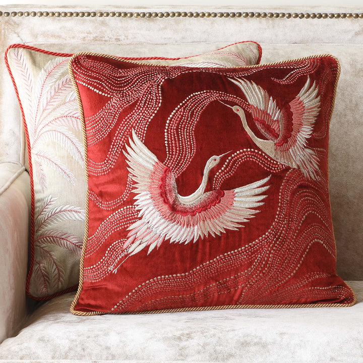 Celestial Cranes Embroidered Cushion Cover - Rust