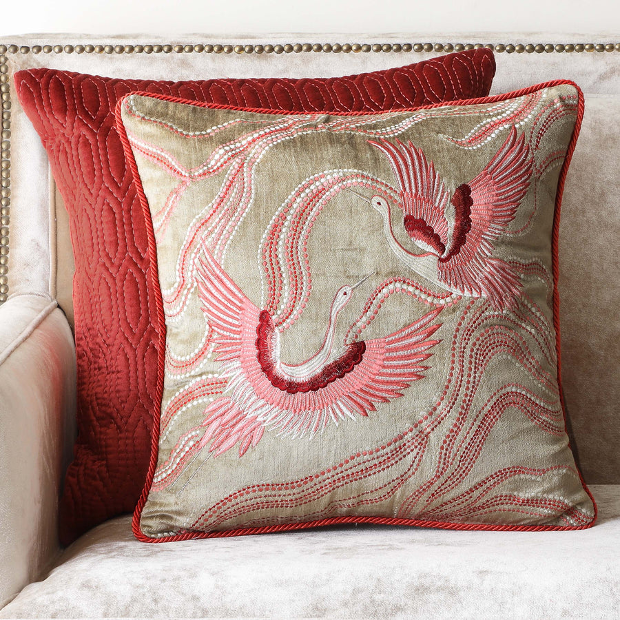 Celestial Cranes Embroidered Cushion Cover - Beige