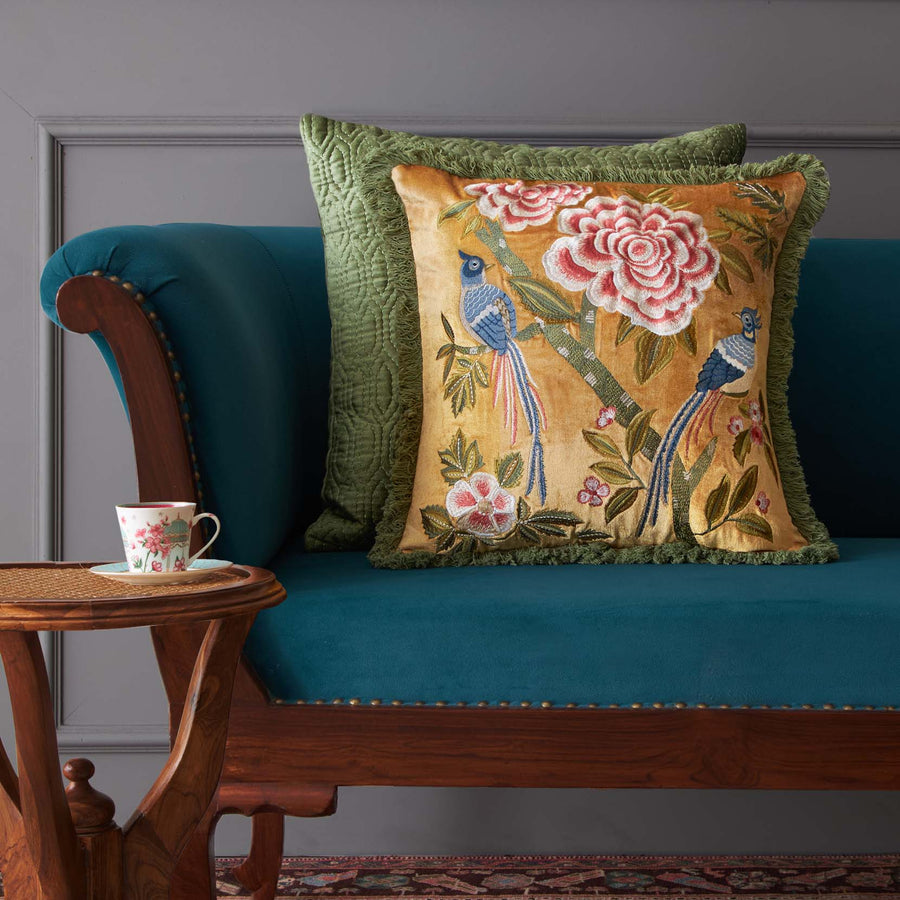 Eden Bird Embroidered Cushion Cover - Gold