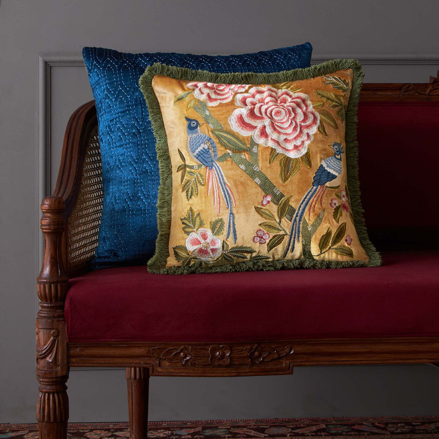 Eden Bird Embroidered Cushion Cover - Gold