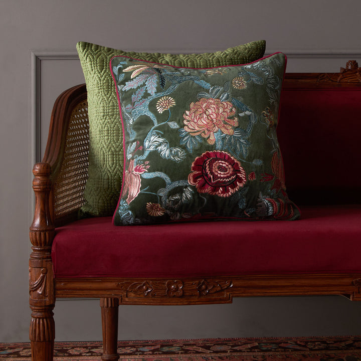 Eden Garden Embroidered Cushion Cover - Moss Green