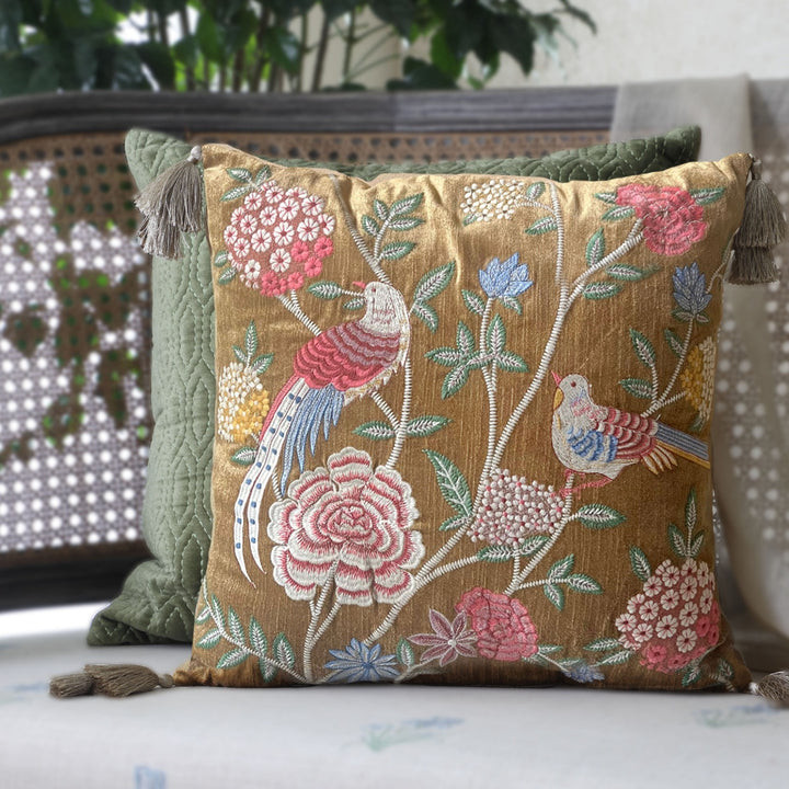 Eden Meadow Embroidered Cushion Cover - Gold