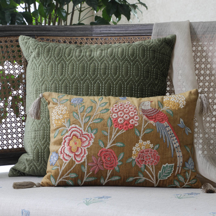 Eden Meadow Embroidered Cushion Cover - Gold Slim