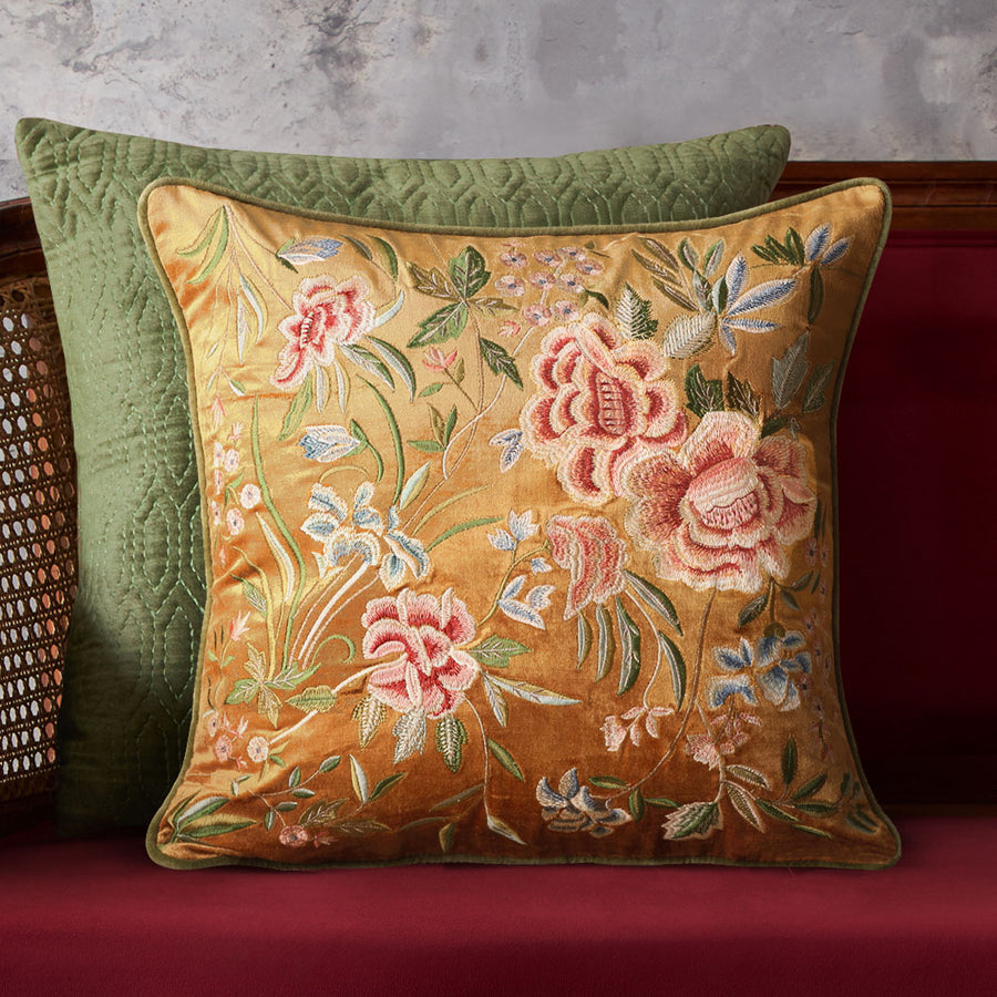 Eden Rose Embroidered Cushion Cover - Gold