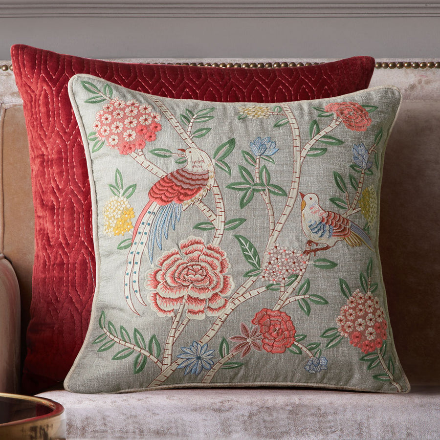 Eden Meadow Embroidered Cushion Cover - Grey