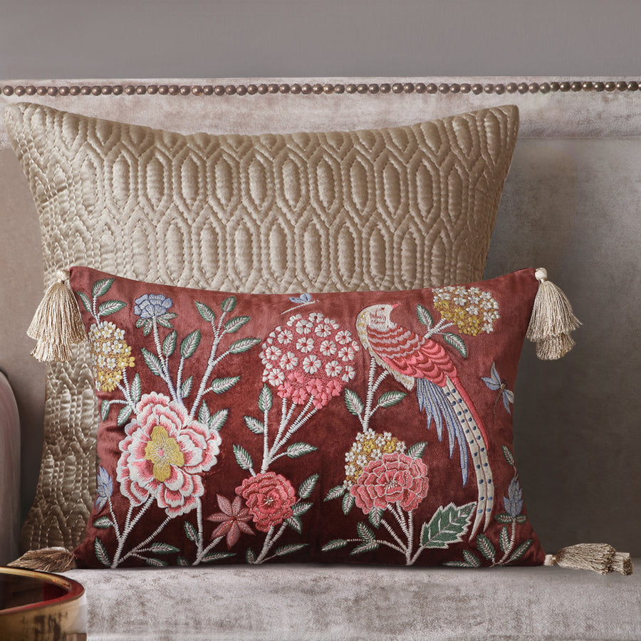 Eden Meadow Embroidered Cushion Cover - Burgundy Slim