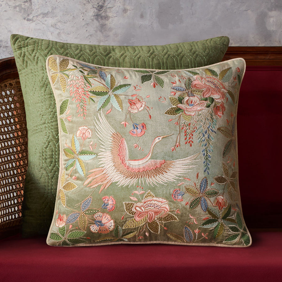 Eden Crane Embroidered Cushion Cover - Jade