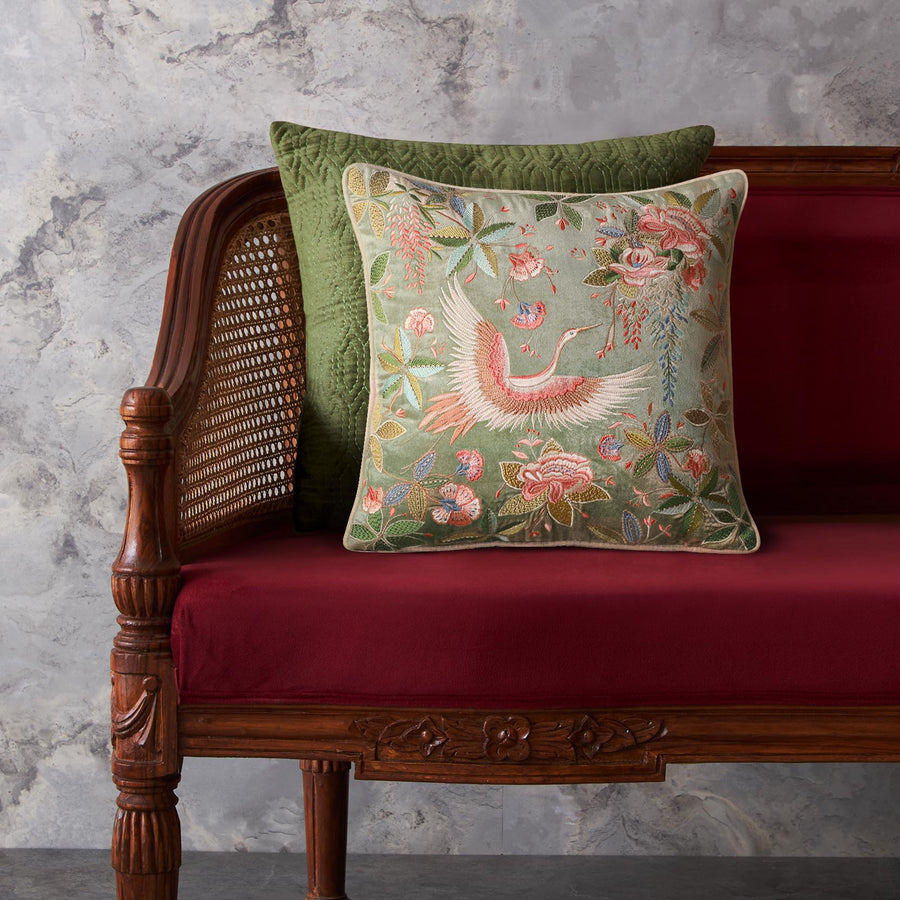 Eden Crane Embroidered Cushion Cover - Jade