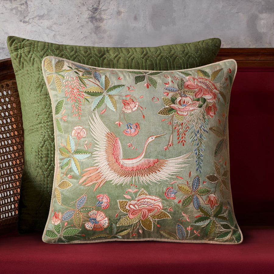 Eden Crane Embroidered Cushion Cover - Jade