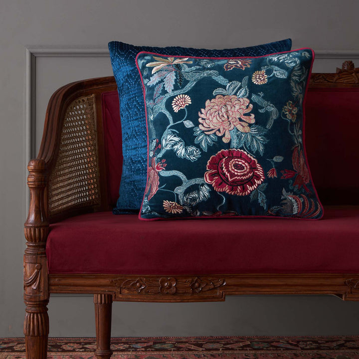 Eden Garden Embroidered Cushion Cover - Blue