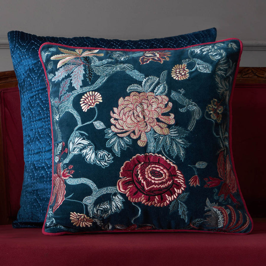Eden Garden Embroidered Cushion Cover - Blue