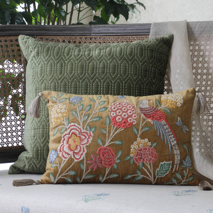 Eden Meadow Embroidered Cushion Cover - Gold Slim