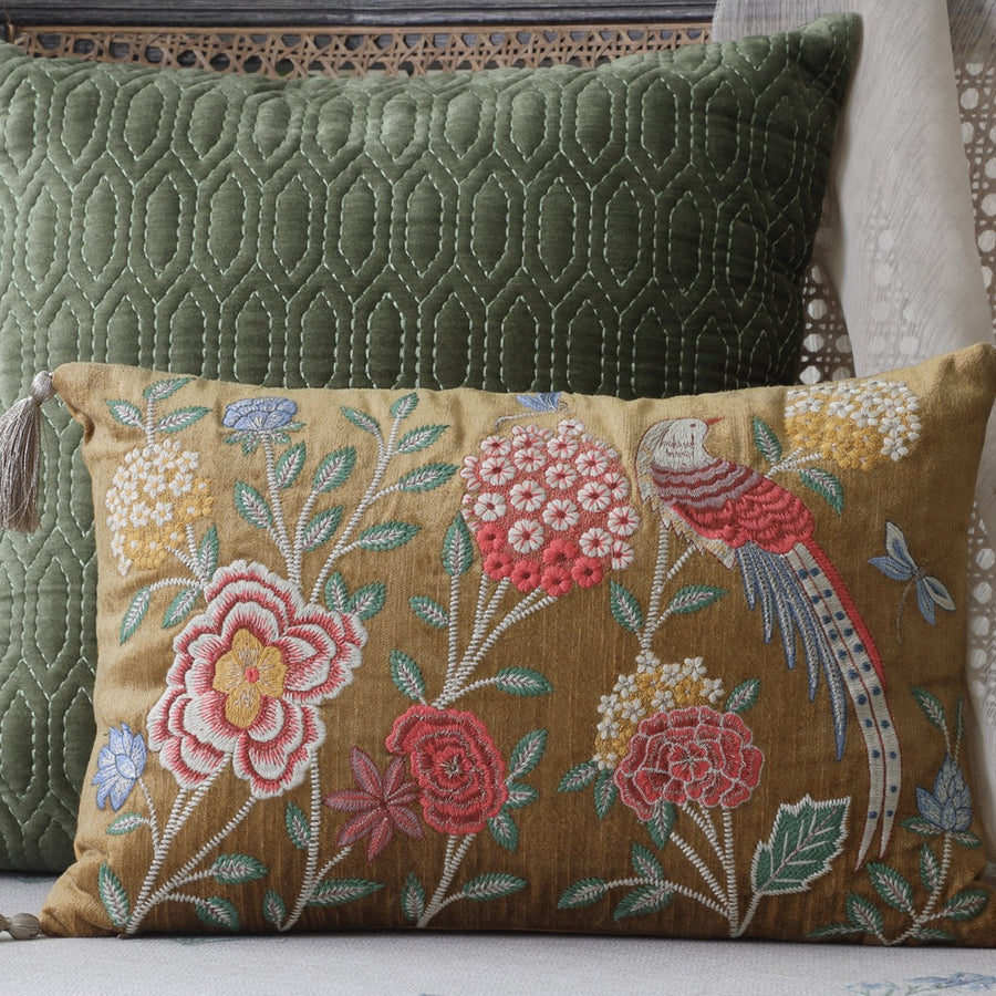 Eden Meadow Embroidered Cushion Cover - Gold Slim