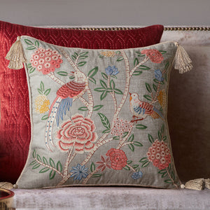 Eden Meadow Embroidered Cushion Cover - Grey