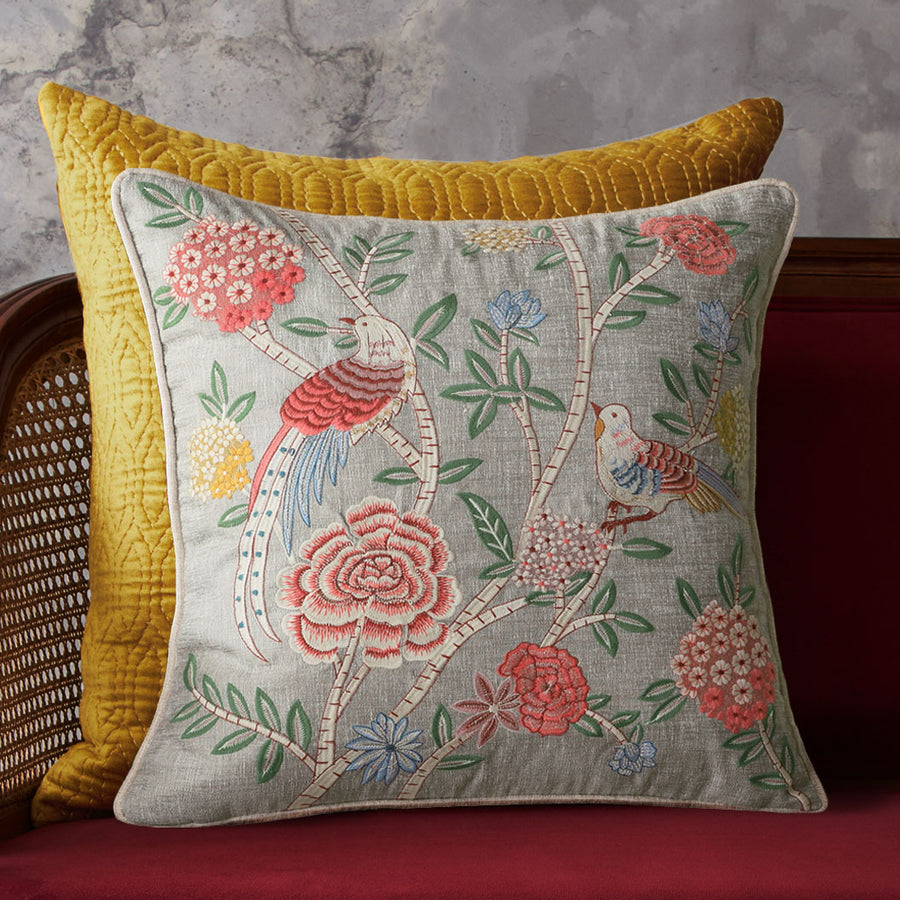 Eden Meadow Embroidered Cushion Cover - Grey