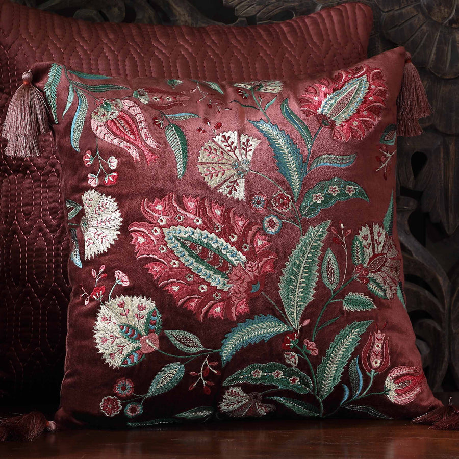 Imperial Suzani Embroidered Cushion Cover - Burgundy