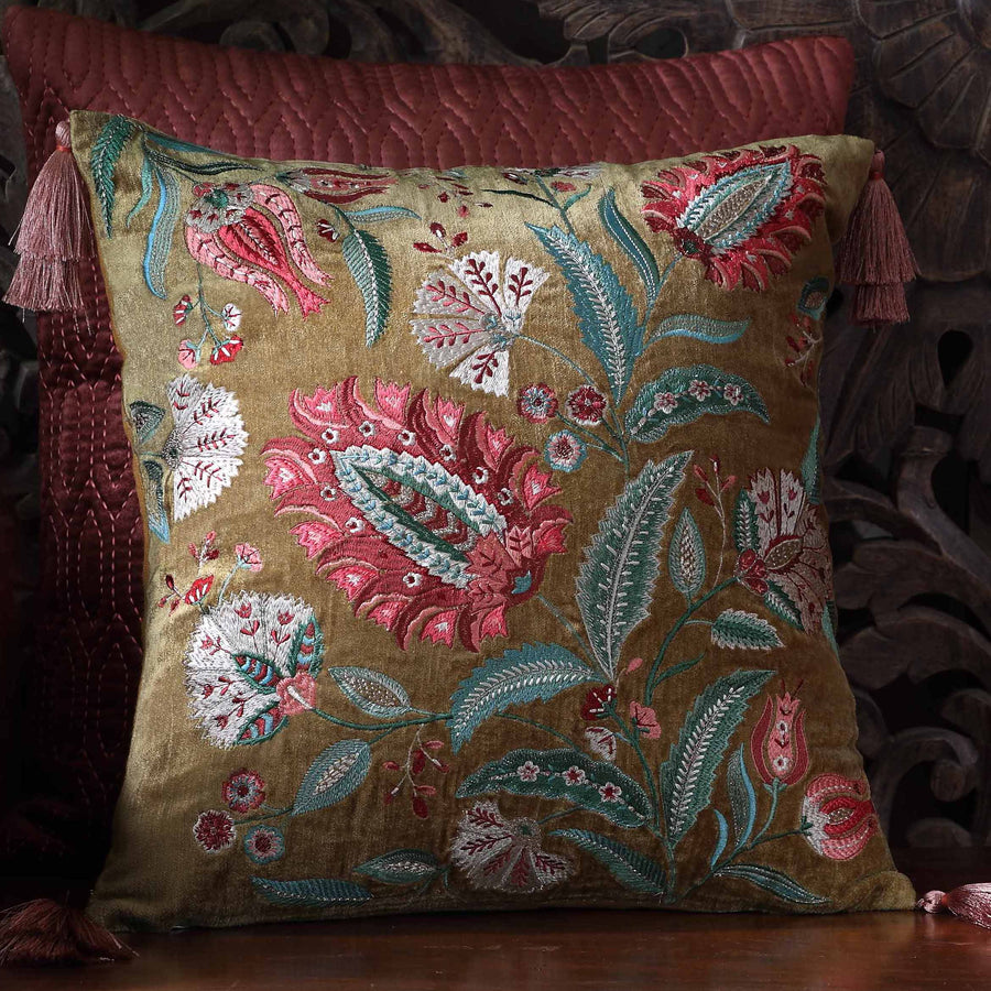 Imperial Suzani Embroidered Cushion Cover - Gold