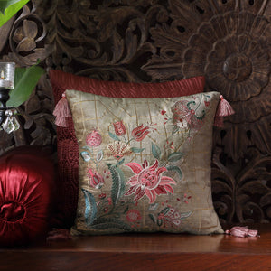 Imperial Suzani Embroidered Cushion Cover - Jaal Beige