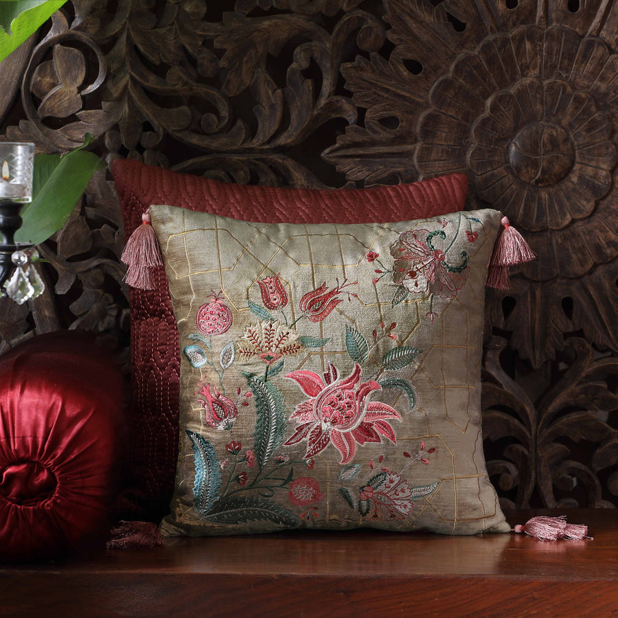 Imperial Suzani Embroidered Cushion Cover - Jaal Beige
