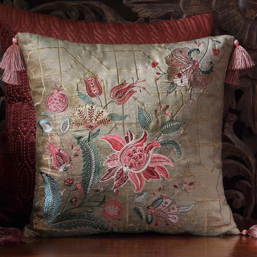 Imperial Suzani Embroidered Cushion Cover - Jaal Beige