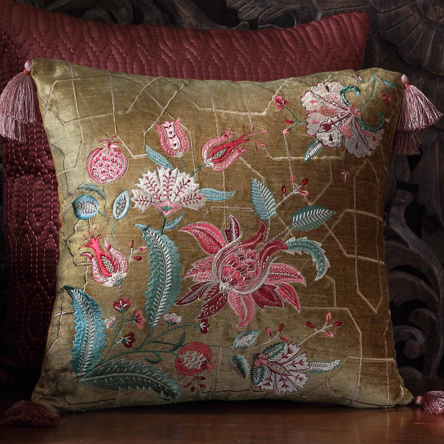 Imperial Suzani Embroidered Cushion Cover - Jaal Gold