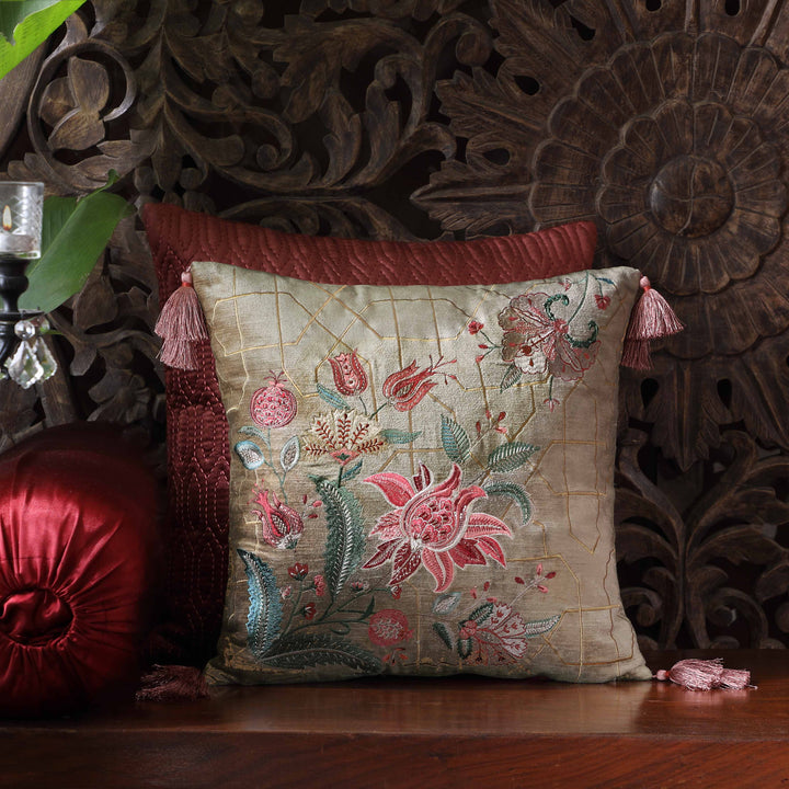 Imperial Suzani Embroidered Cushion Cover - Jaal Beige