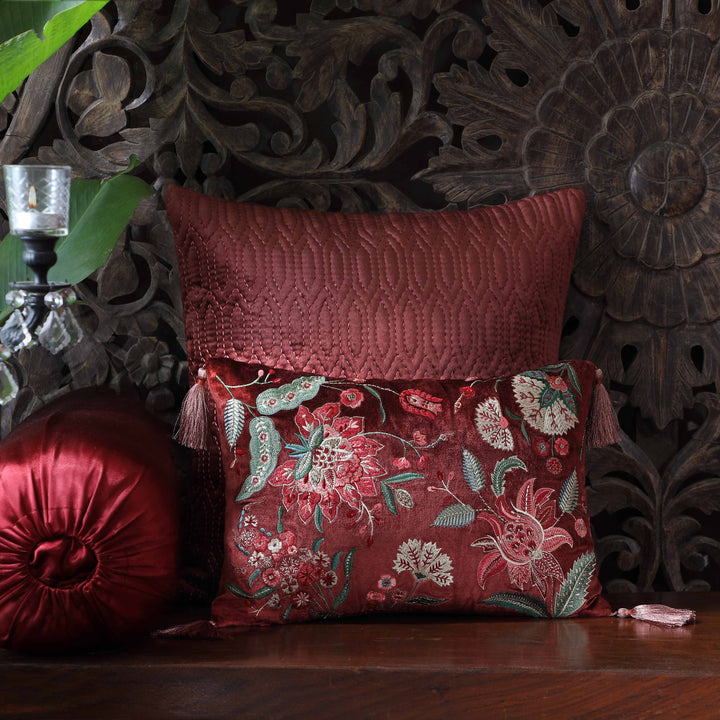 Imperial Suzani Embroidered Cushion Cover - Burgundy Slim