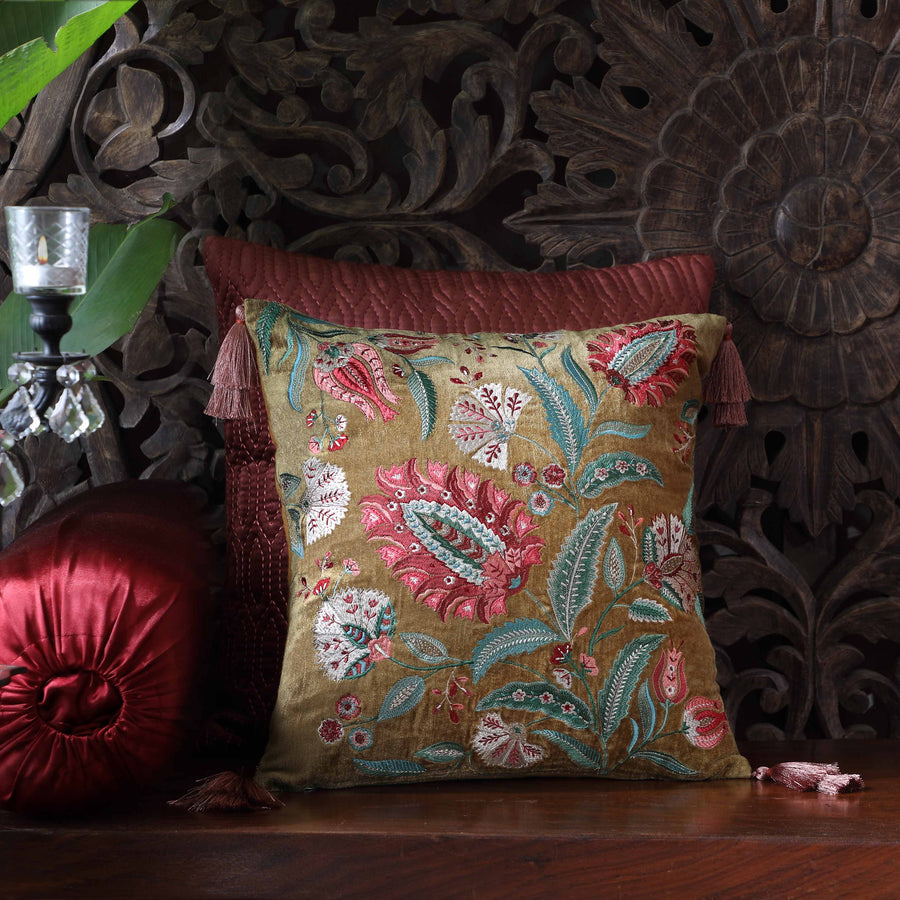 Imperial Suzani Embroidered Cushion Cover - Gold