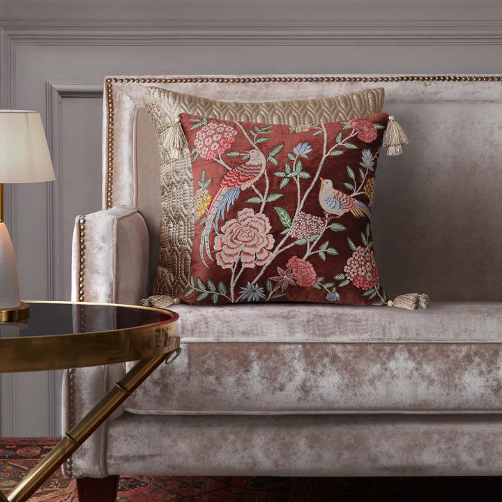 Meadow Embroidered Cushion Cover - Burgundy