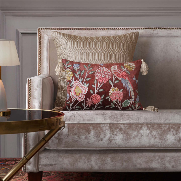 Meadow Embroidered Cushion Cover - Burgundy Slim