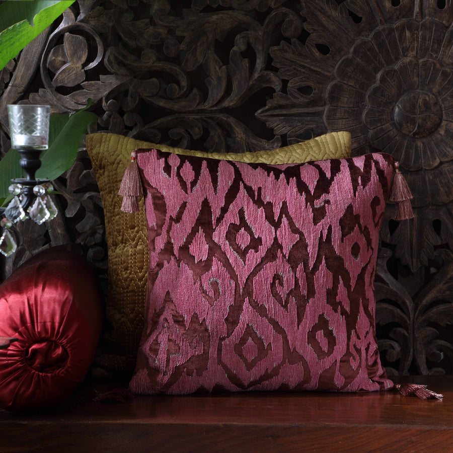 Mirage Ikat Hand Embroidered Cushion Cover - Burgundy