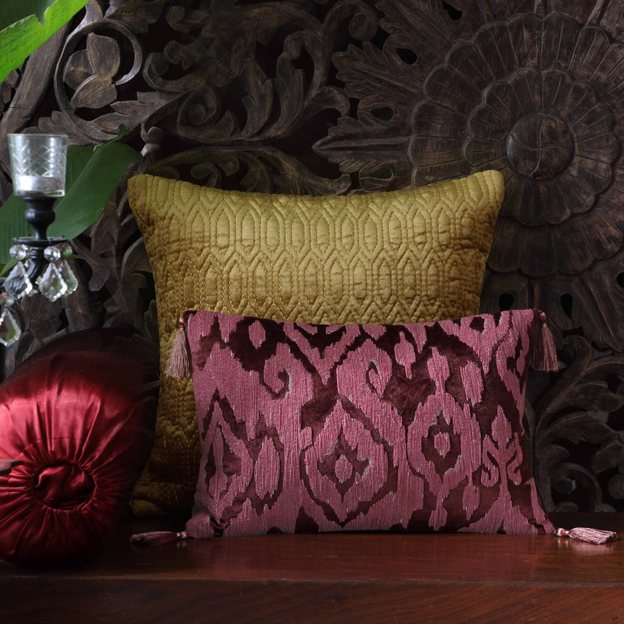 Mirage Ikat Hand Embroidered Cushion Cover - Burgundy Slim