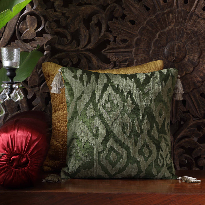 Mirage Ikat Hand Embroidered Cushion Cover - Green