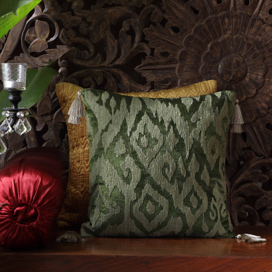 Mirage Ikat Hand Embroidered Cushion Cover - Green