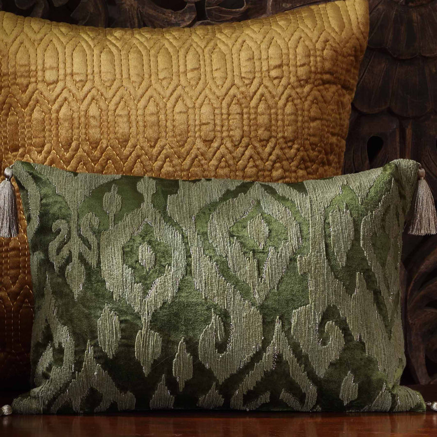 Mirage Ikat Hand Embroidered Cushion Cover - Green Slim