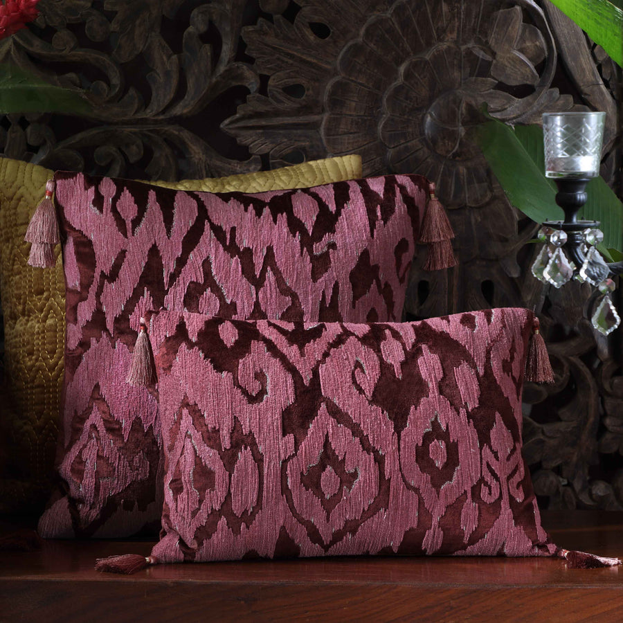 Mirage Ikat Hand Embroidered Cushion Cover - Burgundy Slim