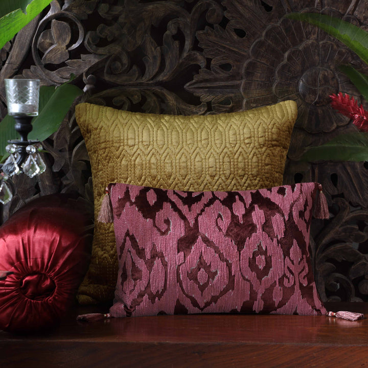 Mirage Ikat Hand Embroidered Cushion Cover - Burgundy Slim