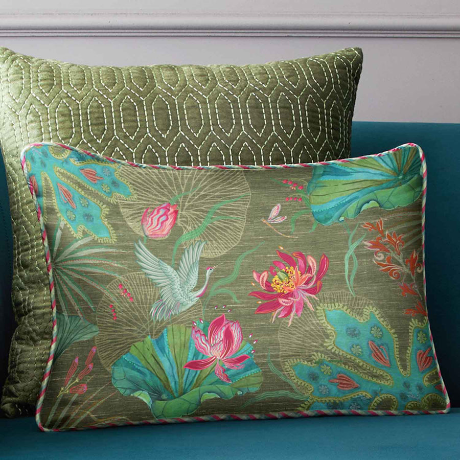 Padma Crane Cushion Cover - Green Slim