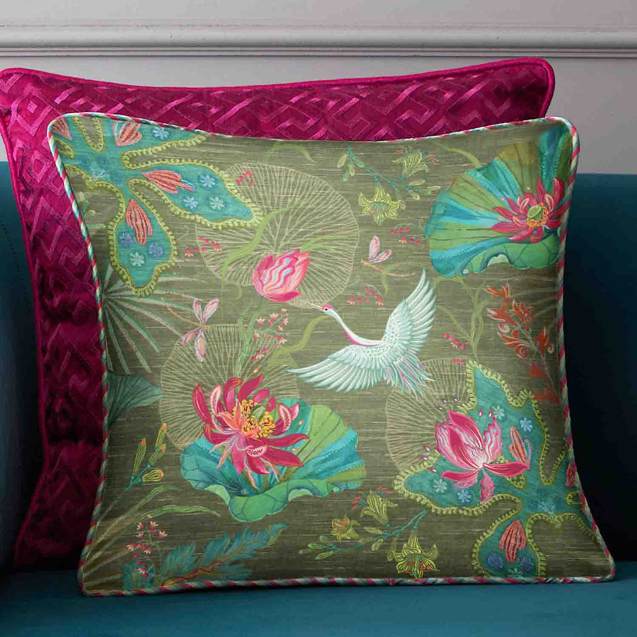 Padma Crane Cushion Cover - Green