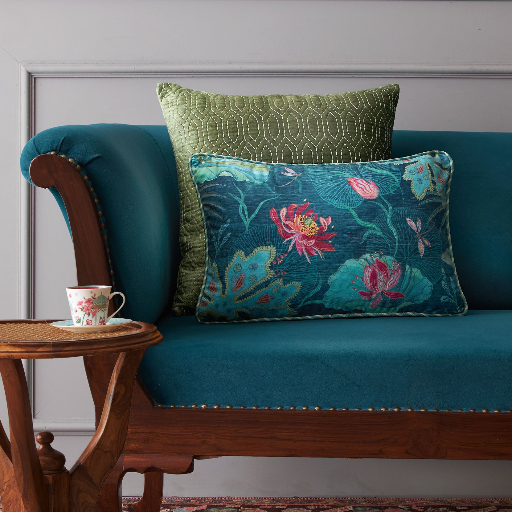 Padma Lotus Cushion Cover Aqua Slim
