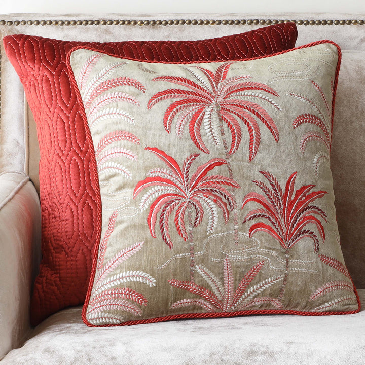 Palm Garden Embroidered Cushion Cover - Beige