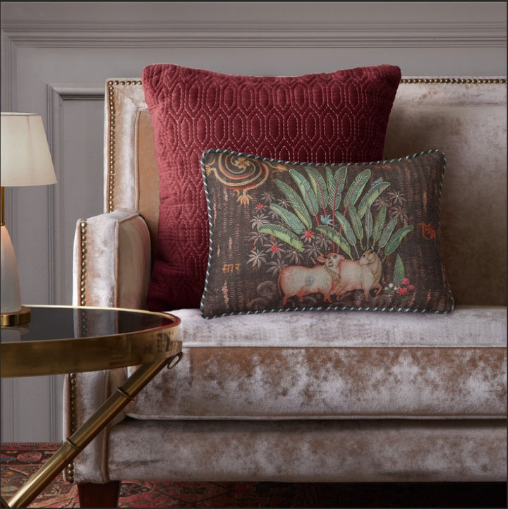 Palm Pichwai Embellished Cushion Cover - Brown Slim