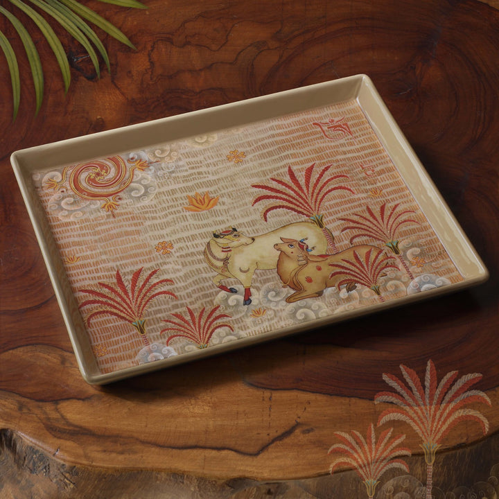 Pichwai Cow Enamel Tray - Beige Med