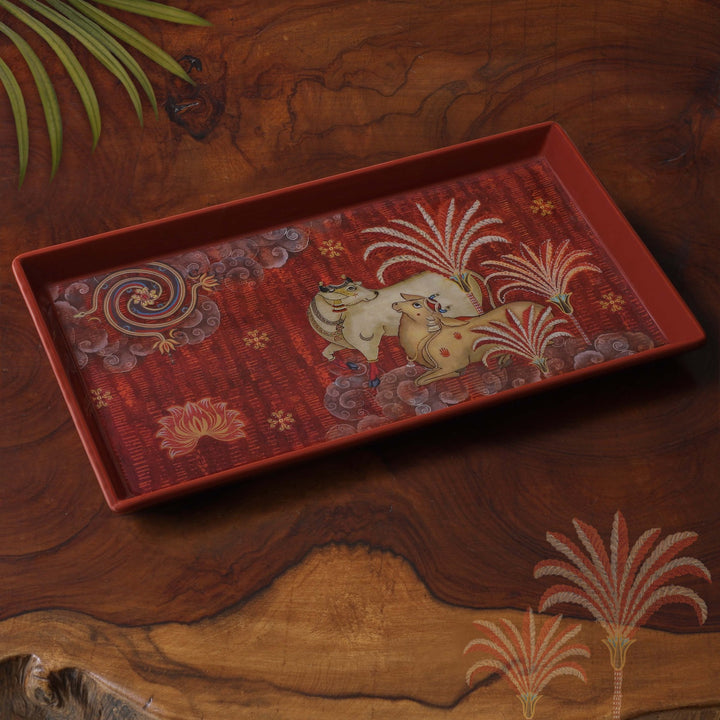 Pichwai Cow Enamel Tray - Maroon Slim