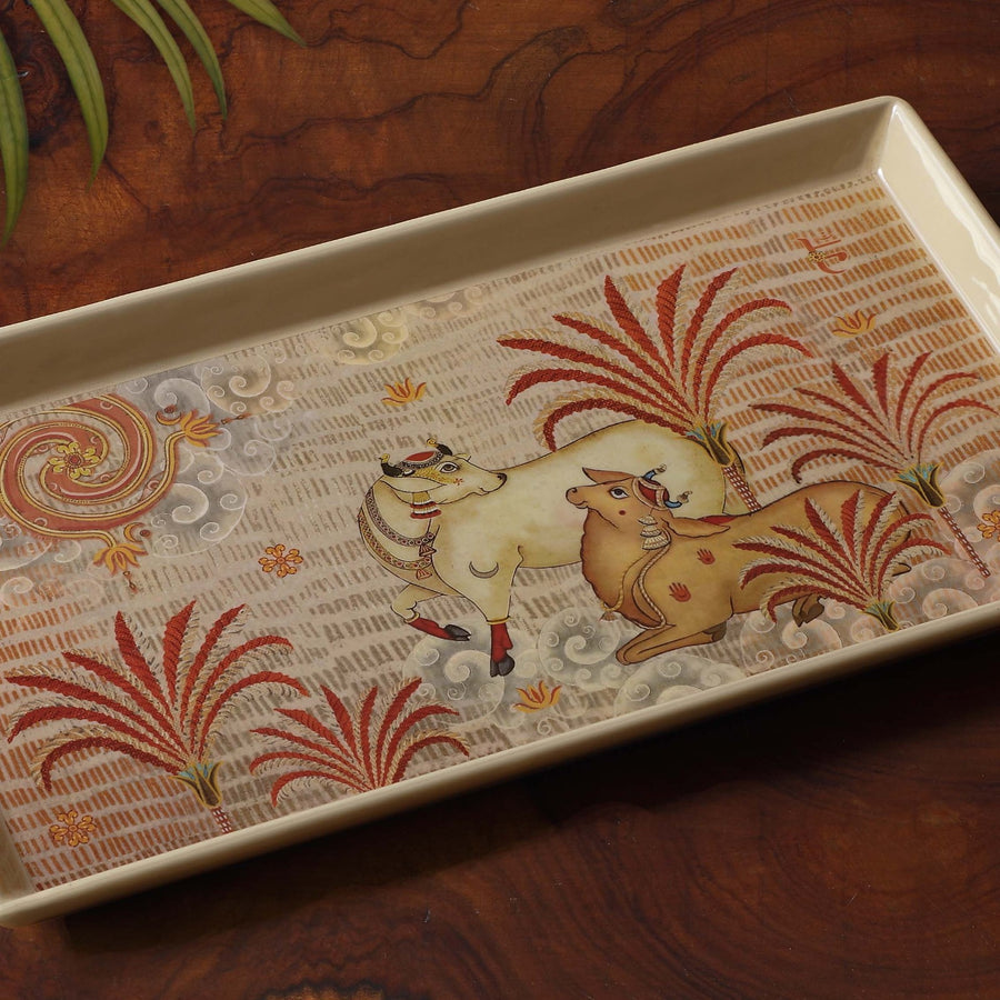 Pichwai Cow Enamel Tray - Beige Slim