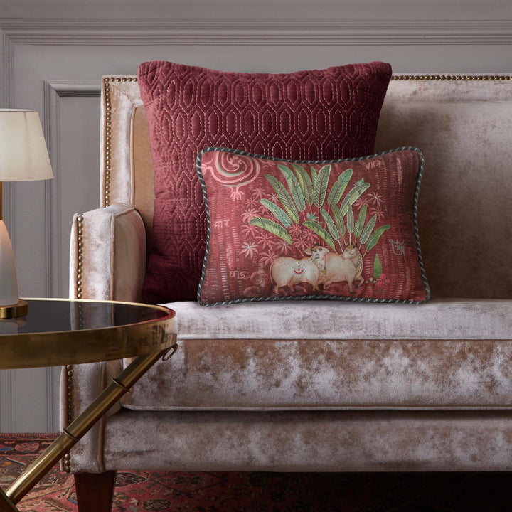 Palm Pichwai Embellished Cushion Cover - Burgundy Slim